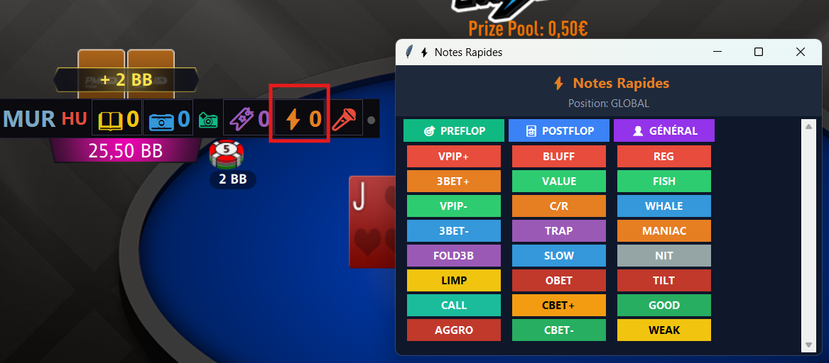 Bouton Quick Note en jeu